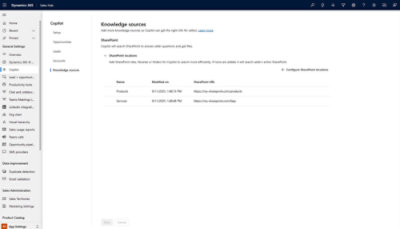 Screenshot of Dynamics 365 Sales Hub showing SharePoint locations for Copilot under the Knowledge sources section.