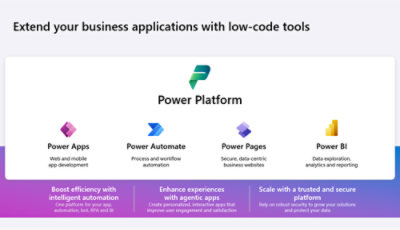 Promotional graphic for Microsoft Power Platform highlighting Power Apps, Power Automate, Power Pages, and Power BI with benefits of low-code tools.