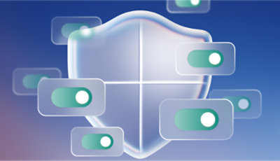 Graphic of a translucent shield divided into four sections, surrounded by toggle switches on a blue-purple gradient background.