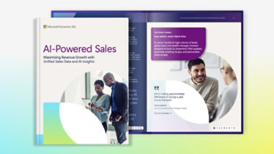 Cover and open page of a Microsoft Dynamics 365 document titled 'AI-Powered Sales' featuring a case study and people viewing a tablet.