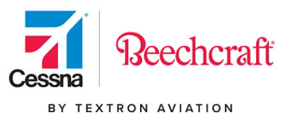 Logo s červenými, modrými a bílými čtverci s textem „Beechcraft Cessna BY TEXTRON AVIATION“.
