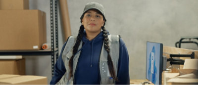 Žena s copánky v klobouku a vestě.