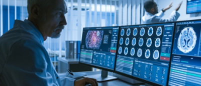 一位穿白色外套的男士看着显示脑部图像的计算机屏幕。