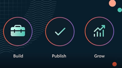 Skärmbild av en datorskärm med texten Build Publish Grow och olika ikoner, bland annat en cirkel med en bockmarkering, ett diagram med en uppåtgående pil och en portfölj.