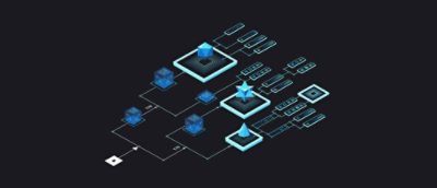 A computer-generated diagram of a blockchain with interconnected blocks and lines.
