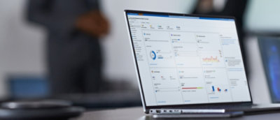 A laptop on a table.