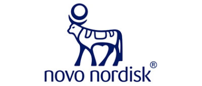 A blue and white logo featuring a cow and the text novo nordisk.