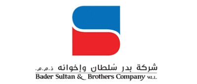 A red, blue, and white logo with Arabic and English text.