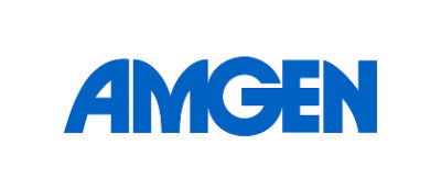A blue and white logo with the text AMGEN.