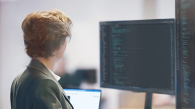A woman looking at a computer screen.