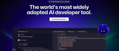 Image of a computer screen and text 'The wprld's most widely adopted AI developer tool' written on top
