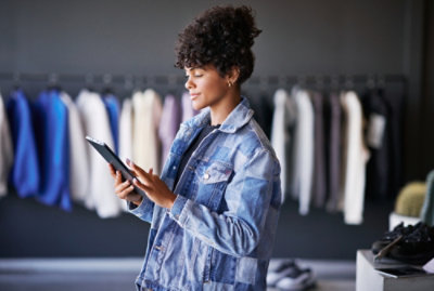 Une femme aux cheveux bouclés tenant une tablette.