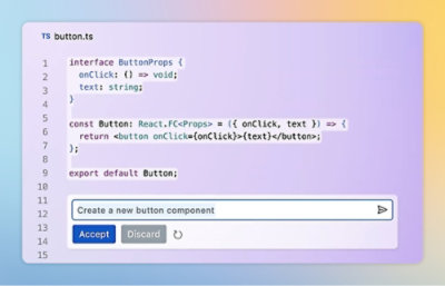 A screenshot of the Visual Studio Code editor displaying TypeScript code for a button component