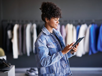 Person in a denim jacket browsing on a tablet in a clothing store with various garments hanging in the background.