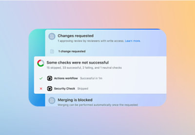 A screen displays a code review summary with "Changes requested" and Merging is blocked.