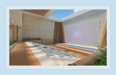 Một phòng có màn hình và thấy rõ cầu thang.