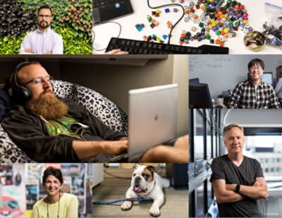 A collage of photos of people including a dog