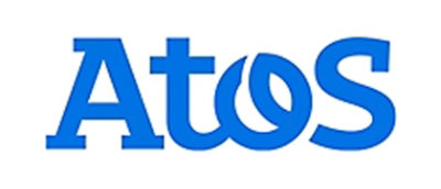 A blue and white logo displaying the text Atos on a white background.