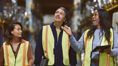 三个人穿着安全背心站在仓库中，附近的货架上装满各种物品和设备。