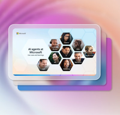 A close-up of a computer screen showing text about AI agents at Microsoft.