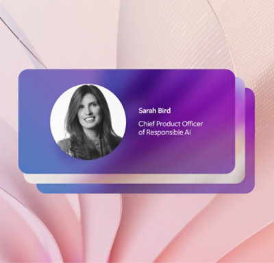 Profile card displaying a grayscale portrait of a woman with the text: "Sarah Bird, Chief Product Officer of Responsible AI" on a purple and white gradient background.