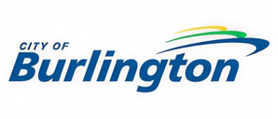 A blue and yellow logo with the text CITY OF Burlington.