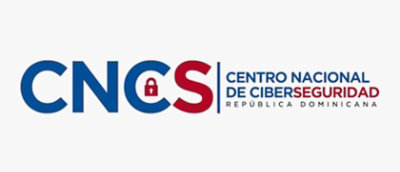 A logo with blue and red text alongside a lock icon, displaying CNOS Centro Nacional de Ciberseguridad República Dominicana.