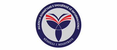 A blue and white circular logo with red and blue text and decorative elements.