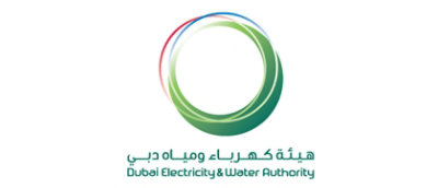 A black and white logo with Arabic and English text reading هيئة كهرباء ومياه دبي and Dubai Electricity & Water Authority.