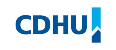 A blue and white logo with the text CDHU.