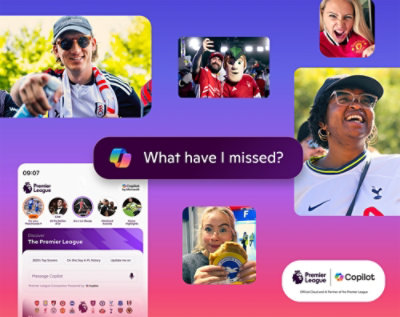 An image promoting Premier League content and features available through Copilot, an AI companion. The central text asks, "What have I missed?"