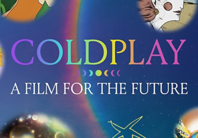 Coldplay's "A Film for the Future" promotional image featuring the band in a vibrant, artistic setting.