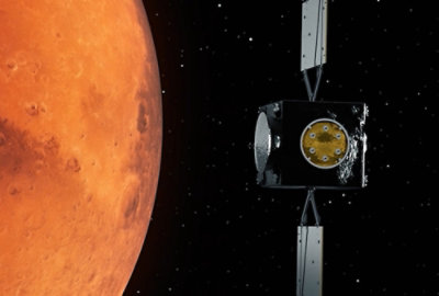 Illustration of a Mars orbiter satellite in orbit around the planet.