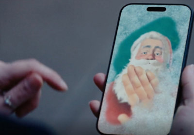 A person holds a phone displaying a festive Santa Claus image.