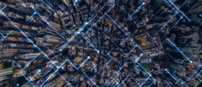 Blue lines connected with buildings