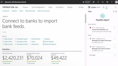 Microsoft Dynamics 365 Business Central 儀表板螢幕擷取畫面，顯示銷售指標、發票資料及工作通知。