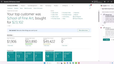 Microsoft Dynamics 365 Business Central 儀表板螢幕擷取畫面，顯示頂級客戶、銷售關鍵績效指標及設定清單。