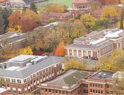 A group of buildings with trees in the background.