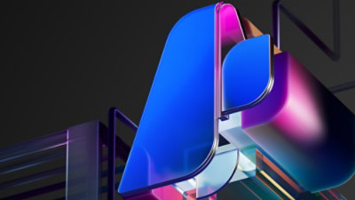 A close-up of a blue and purple sign.