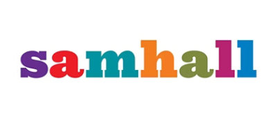 A close-up of a blue and orange logo with the text samhall.