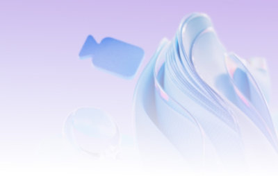 Purple gradient background with camera icon and swirl art