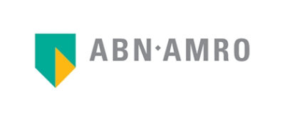 A close-up of a logo featuring a blue and yellow triangle with the text ABN AMRO.