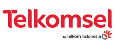 A red and white logo with the text Telkomsel accompanied by by Telkom Indonesia.