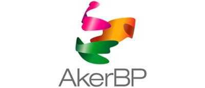 A close-up of a logo with the text AkerBP and a colorful ribbon on a white background.