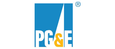 A blue and white logo with the text PG&E on it.