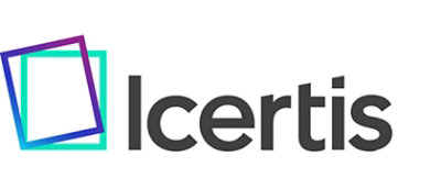 A logo with the text Icertis in black accompanied by blue and purple design elements.