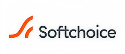 A close-up of the word Softchoice in black text on a white background with a red curved line above it.