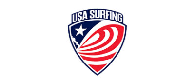 A circular logo with the text USA SURFING and wave graphics.