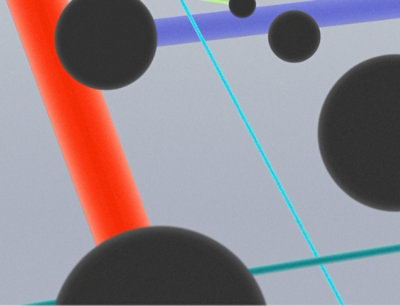 A black circle on a blue and white background.