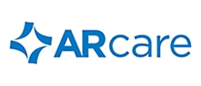 A close-up of a blue and white logo with the text ARcare